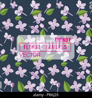 3d floral seamless pattern background. Texture with Purple Lilac flowers, leaf and petals vector illustration. Stock Vector