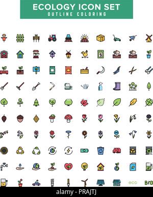 Ecology outline coloring icon set Stock Vector