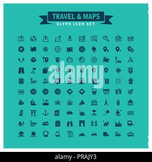 Travel And Maps Glyph Icon Set	 Stock Vector