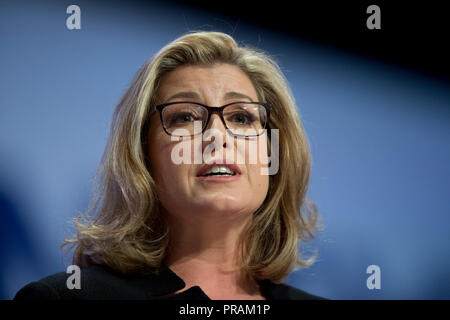 Birmingham, UK. 30th September 2018. Penny Mordaunt, Secretary of State for International Development, Minister for Women and Equalities and Conservative MP for Portsmouth North, speaks at the Conservative Party Conference in Birmingham. © Russell Hart/Alamy Live News. Stock Photo