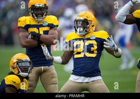 Green Bay, WI, USA. 30th Sep, 2018. Green Bay Packers cornerback Jaire Alexander #23 celebrates after intercepting a pass during the NFL Football game between the Buffalo Bills and the Green Bay Packers at Lambeau Field in Green Bay, WI. John Fisher/CSM/Alamy Live News Stock Photo