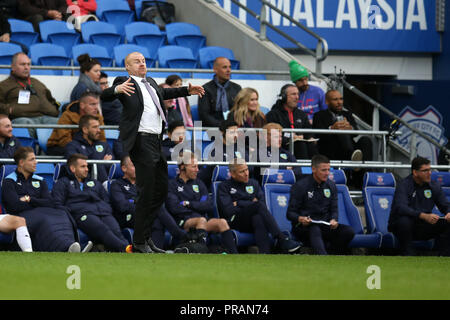 Cardiff, UK. 30th Sept, 2018. Sean Dyche, the manager of Burnley reacts as he gestures to his Burnley players from the touchline.Premier League match, Cardiff City v Burnley at the Cardiff City Stadium on Sunday 30th September 2018.  this image may only be used for Editorial purposes. Editorial use only, license required for commercial use. No use in betting, games or a single club/league/player publications. pic by  Andrew Orchard/Andrew Orchard sports photography/Alamy Live news Stock Photo