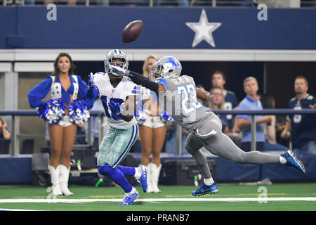 Arlington, Texas, USA. 30th Sep, 2018. Detroit Lions cornerback Darius Slay (23) breaks up a pass intended for Dallas Cowboys wide receiver Tavon Austin (10) during the first half of the NFL football game between the Detroit Lions and the Dallas Cowboys at AT&T Stadium in Arlington, Texas. Shane Roper/Cal Sport Media/Alamy Live News Stock Photo