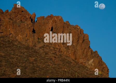 Full moon, sunrise view over the orange colored rocks and sparse desert vegetation in San Carlos, Sonora, Mexico.  Luna llena, vista al amanecer Stock Photo