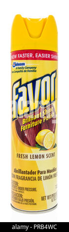 Winneconne, WI - 23 September 2018: A can of Favor brilliant shine furniture polish on an isolated background Stock Photo