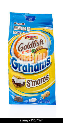 Winneconne, WI - 23 September 2018: A bag of JGoldfish baked graham snacks in S'mores flavor on an isolated background Stock Photo