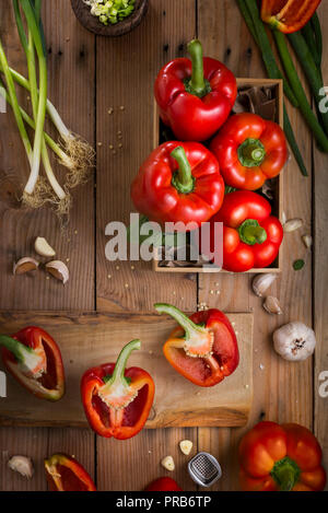 Red bell peppers in flatlay setup Stock Photo