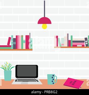 Vector illustration. Workplace. Computer and bookshelves on a brick wall Stock Vector
