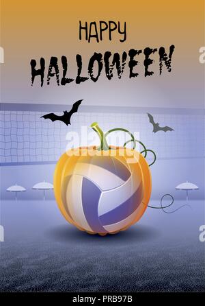 Happy Halloween. Sports greeting card. Realistic beach volleyball ball in the shape of a Pumpkin. Vector illustration. Stock Vector