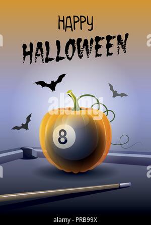 Happy Halloween. Sports greeting card. Realistic billiard ball in the shape of a Pumpkin. Vector illustration. Stock Vector