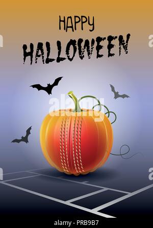 Happy Halloween. Sports greeting card. Realistic cricket ball in the shape of a Pumpkin. Vector illustration. Stock Vector