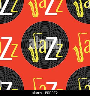 Jazz concept. Vinyl record and the word Jazz. Letter J - saxophone. Seamless pattern. White, black and yellow elements. Red background Stock Vector