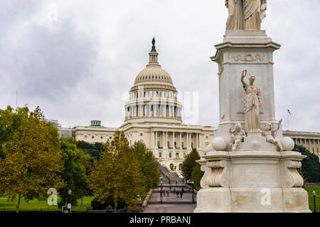 Washington DC, USA - October 12, 2017: View of the Peace Monument in front of the historical United States Capitol building in the city of Washington  Stock Photo