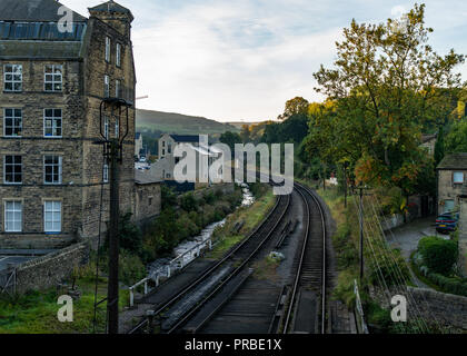 Early Autumn morning in the famous village of Haworth in West Yorkshire, home of the Bronte Sisters and a fantastic steam railway Stock Photo