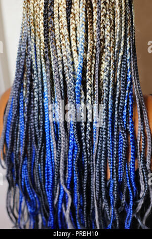 many thin african braids with artificial hair, amber beautiful p Stock Photo