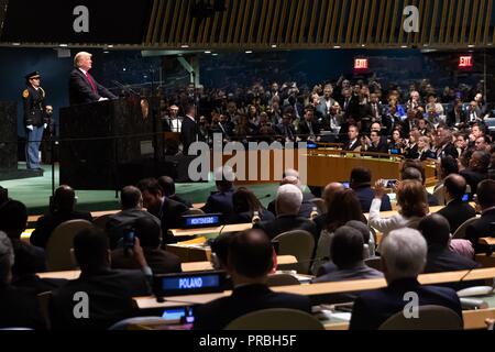 U.S President Donald Trump addresses the 73rd session of the U.N. General Assembly at the United Nations Headquarters September 25, 2018 in New York, New York. During his address the audience of world leaders openly laughed at Trump after bragging that he 'accomplished more than any American President in history'. Stock Photo