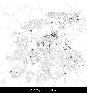 Map of Fez, Morocco, satellite view, black and white map. Street directory and city map. Africa Stock Vector