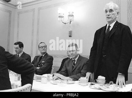 Speaker of the House John W. McCormack (D-Massachusettes) (standing), addresses those attending a luncheon at the US Capitol honoring top Department of Defense executives.  Left to right are Congressman George H. Mahon (D-Texas), committee chairman of the US House of Representatives Appropriations Committee; General (GEN) Earle G. Wheeler, Chairman, US Army Joint Chiefs of Staff; Secretary of Defense Robert S. McNamara and Congressman McCormack. Stock Photo