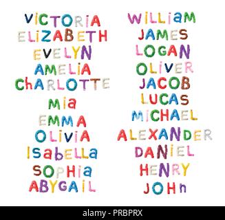 Handmade modeling clay girls and boys names Stock Vector