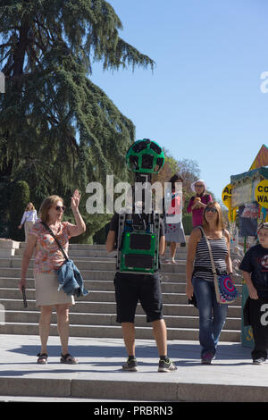 Google maps camera being carried in back pack through park in Madrid, Street View Trekker backpack. Stock Photo