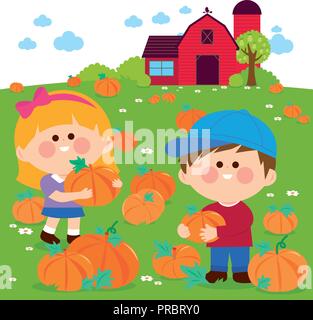 Children at the farm picking pumpkins at the pumpkin patch. Vector illustration Stock Vector
