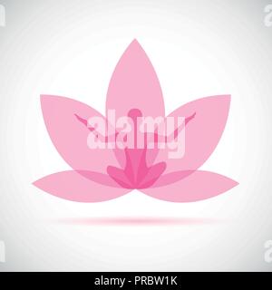 silhouette of a woman sitting in yoga pose for relaxation and meditation inside a pink lily flower vector illustration EPS10