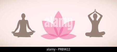 silhouettes of people sitting in yoga pose for relaxation and meditation with pink lily flower vector illustration EPS10 Stock Vector