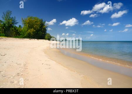 Footprints in white sand of paradise Ban Krut beach at Bang Saphan district of Prachuap Khiri Khan province of Thailand. Stock Photo