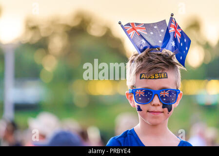 Cute Australian boy with flag tattoos on his face on Australia Day celebration in Adelaide Stock Photo