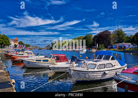 Powerboats moored in the harbor in Mecklenburg-Vorpommern on the Baltic Sea. Germany Stock Photo