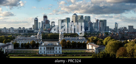 London Panorama from Greenwich Park, England UK. 22 September 2018 20th and 21st century Canary Wharf city financial complex on the Isle of Dogs Stock Photo