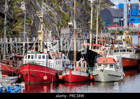 Traditional commercial sea fishing boats docked in Atlantic Harbour port. Nuuk (Godthab), Sermersooq, Greenland Stock Photo