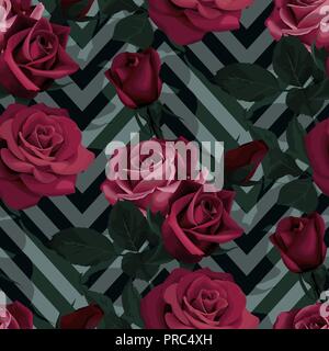 Deep red roses vector seamless pattern. Dark flowers on chevron background, flowered texture Stock Vector