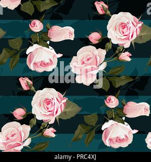 Pink roses vector seamles pattern. Realistic flowers on stripes background, floral texture Stock Vector