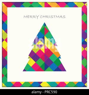 Christmas tree card on colorful square pattern with shadow background, vector eps10 Stock Vector