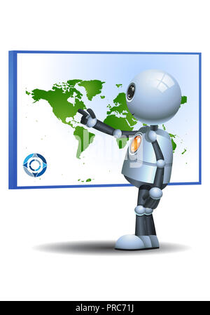 illustration of a happy little robot pointing map on isolated white background Stock Photo