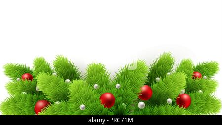 Winter holiday background. Border with Christmas tree branches isolated on white. Stock Vector