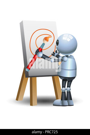 illustration of a happy little robot painting canvas on isolated white background Stock Photo