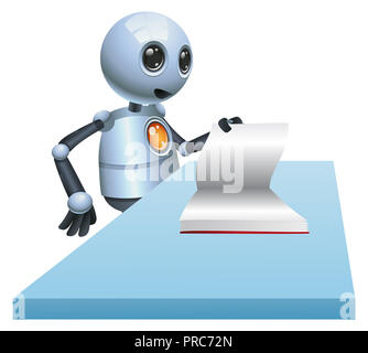 illustration of a happy little robot opening blank book on isolated white background Stock Photo