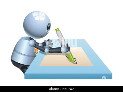 illustration of a happy little robot drawing on paper on isolated white background Stock Photo