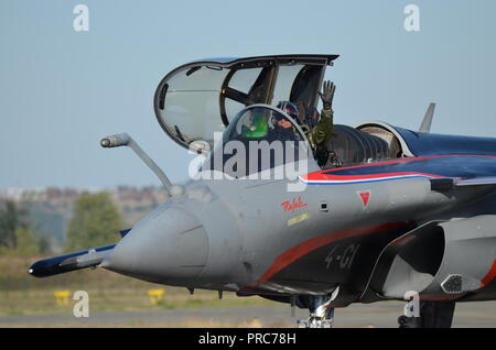 The pilot of a Rafale fighter salute to the public at the Francazal air show near Toulouse. Stock Photo