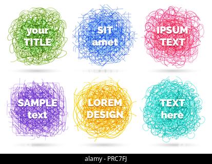 Pen sketch mess. Clutter scribbles labels with text, chaotic tangled lines vector pattern with captions isolated on white background Stock Vector