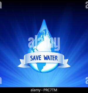 Vector drop with white ribbon on the blue sunburst background. Save the Earth and water concept Stock Vector