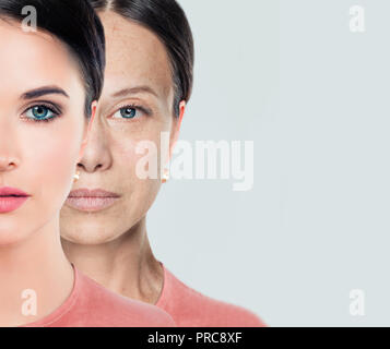 Female face. Aging and youth. Young and older woman. Before and after, youth and old age Stock Photo
