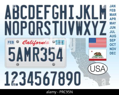 California car license plate, letters, numbers and symbols, USA, United States Stock Vector