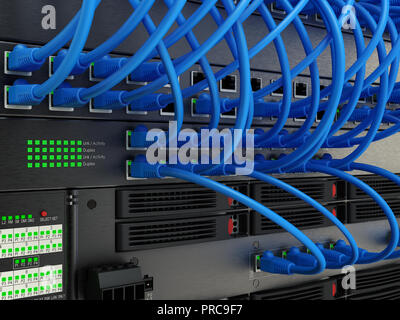 Network server panel, switch and patch cable in data center, 3D ...