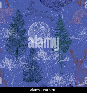 Winter forest seamless pattern. Full moon, spruce, fir tree, fox, hare, deer, owl, snow flakes on a blue background. Vintage engraving style vector illustration. Christmas, New Year holidays, nature. Stock Vector
