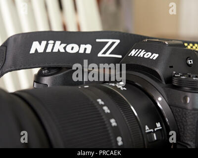 Close up of a new Nikon Z 7 mirrorless camera used for professional photography. Stock Photo