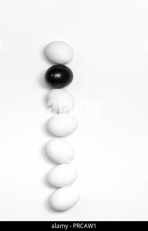 on a white background, a few white eggs one black symbolizing diversity, separation and leadership Stock Photo