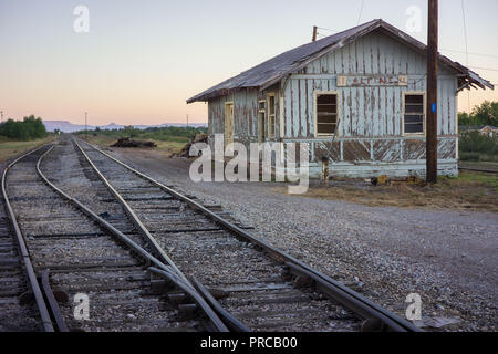 South Orient railroad abandoned depot in Alpine, Texas. The line belongs to Texas Department of Transportation and is seldom used. Stock Photo